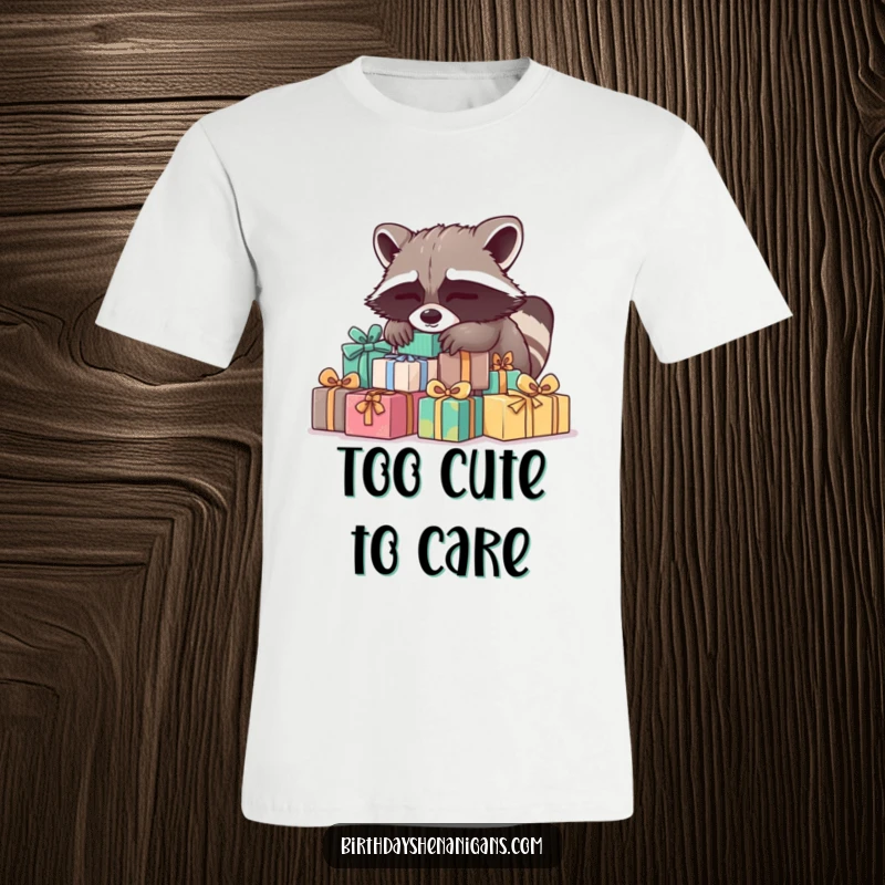 Funny Raccoon T-Shirt: A sleepy raccoon snoozing on gifts, perfect for expressing a love of naps, a funny gift.