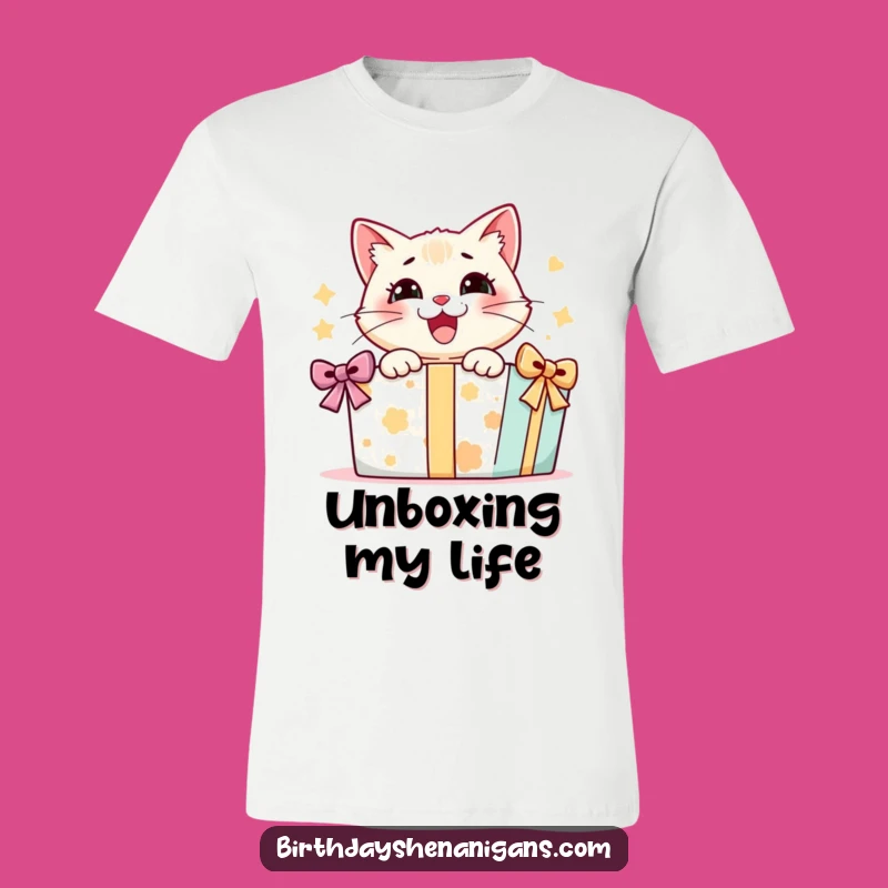 Funny Cat Gift T-Shirt: Delighted Kitty Opening Present, Whimsical & Comfy!