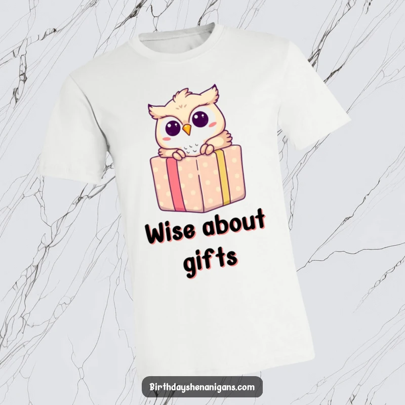 Funny t-shirt graphic of a delighted owl peeking out from a brightly wrapped present, symbolizing joy and curiosity.