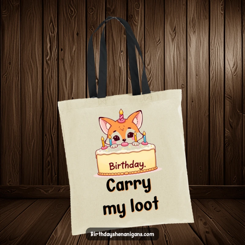 Funny tote bag illustration of a mischievous fox concealing itself behind a large festive birthday cake, ready for a party.