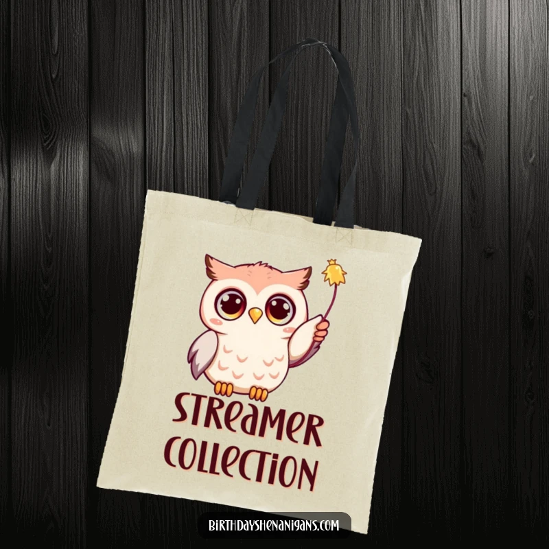 Funny Kawaii owl with wide eyes, reaching for a streamer, depicted on a stylish and functional tote bag.