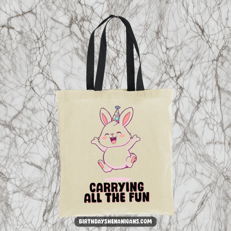 Funny tote bag illustrating a fluffy bunny in a party hat, joyfully leaping, ready for any adventure.
