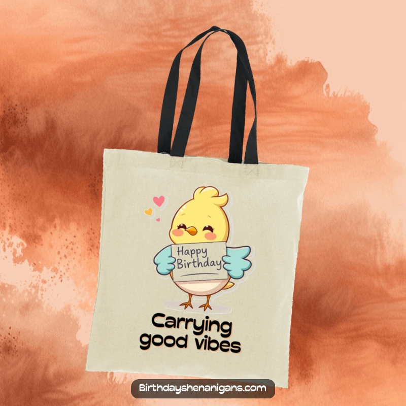 Funny whimsical bird character delivering a birthday card, sturdy tote bag for carrying gifts and party essentials.