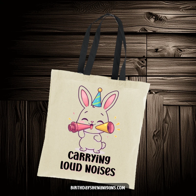 Funny Bunny Tote Bag: A happy bunny character blowing a giant party horn, perfect for carrying party essentials.