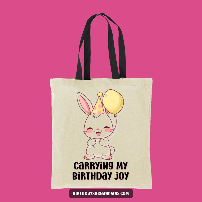 Funny Birthday Bunny Tote Bag: Cheerful Character, Hat & Balloon, Handy Gift