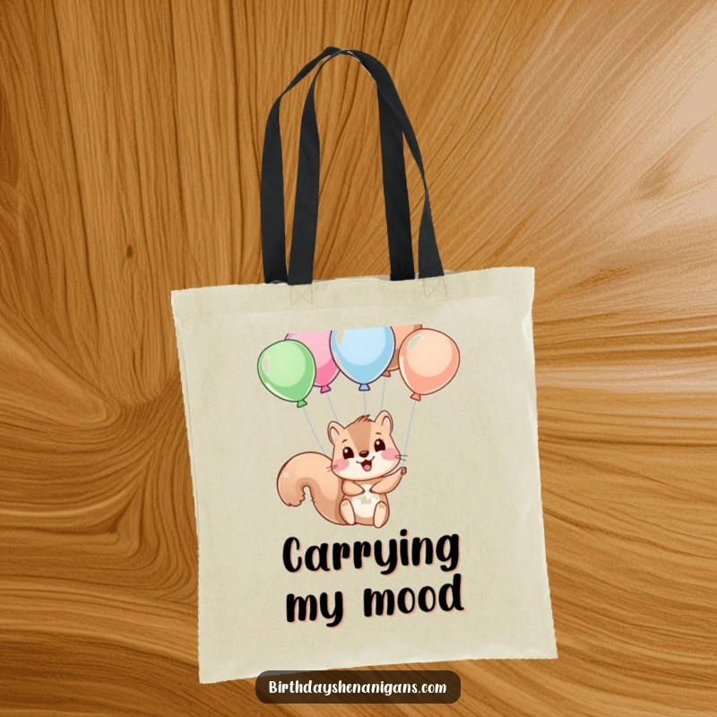 Funny squirrel character holding onto balloon strings, designed on a practical tote bag for everyday use.
