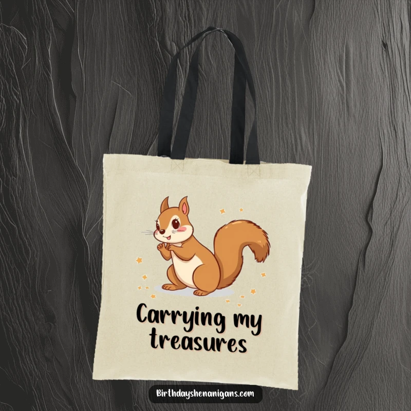 Funny tote bag with a squirrel character scattering wrapping paper, ideal for holiday shopping and carrying gifts.