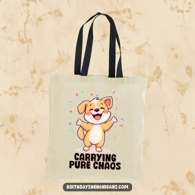 Funny tote bag depicting a jubilant dog character performing a lively dance amidst a flurry of confetti. Ideal for carrying joy.