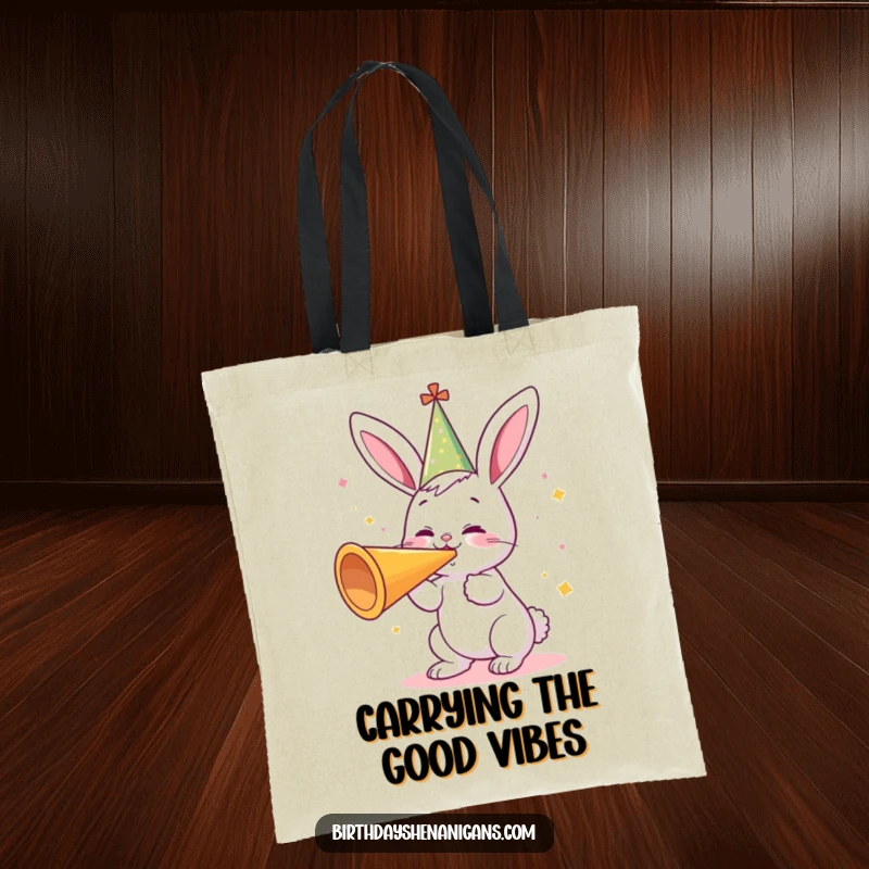 Funny tote bag with a cute bunny in a party hat, blowing a giant party horn, ready for any celebration or outing.