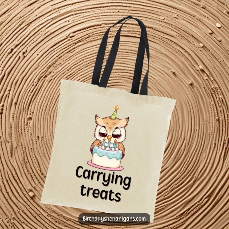 Funny tote bag with a curious owl character examining a birthday cake, perfect for carrying daily items with whimsical charm.