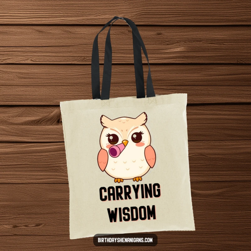 Funny kawaii owl character wearing a party blower in its beak on a tote bag, perfect for carrying items with a dose of playful charm.