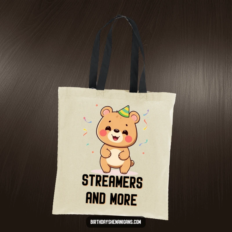 Funny tote bag featuring a joyful bear juggling a vibrant array of party streamers, perfect for errands or outings.