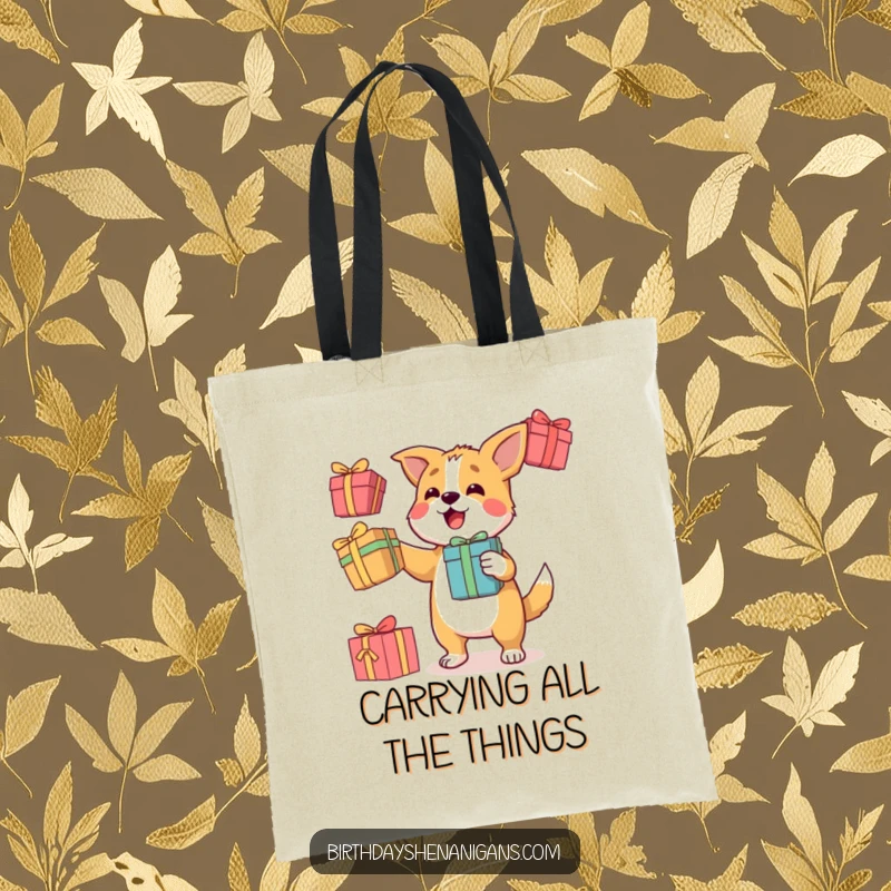 Funny tote bag showing a determined dog character juggling three colorful gift boxes, perfect for carrying presents and more.