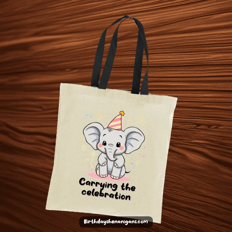 Funny Elephant Tote Bag: Delighted character sprays party poppers, a stylish and humorous accessory.