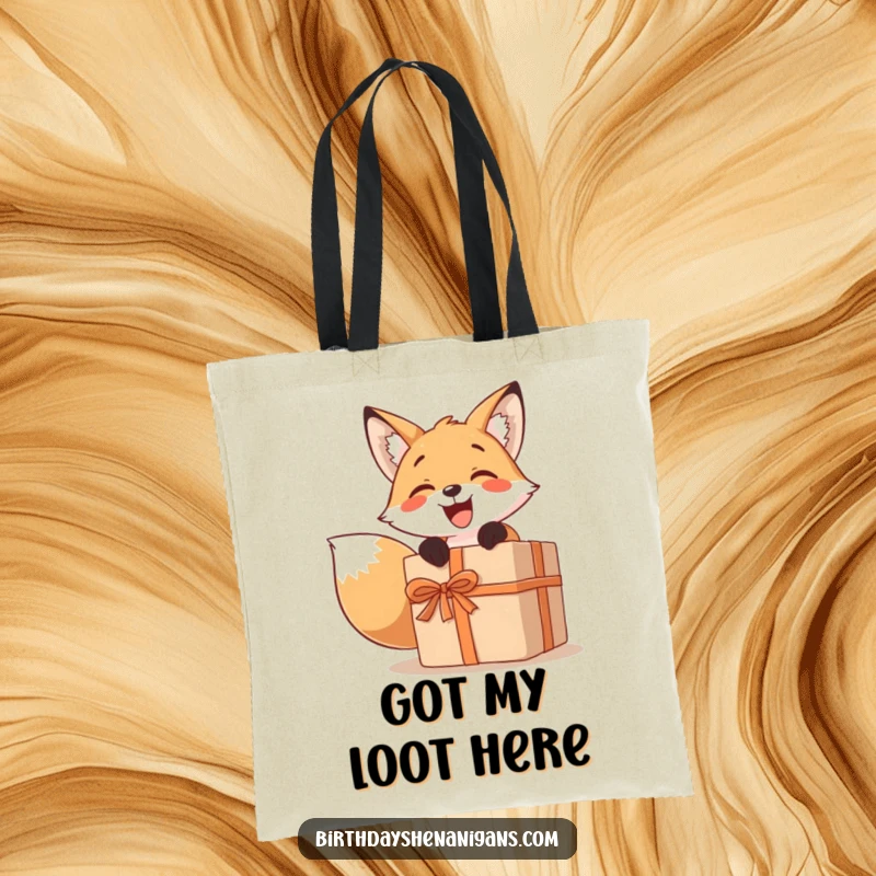 Funny tote bag showing a smiling fox character excitedly unwrapping a comically large present, ideal for carrying gifts.