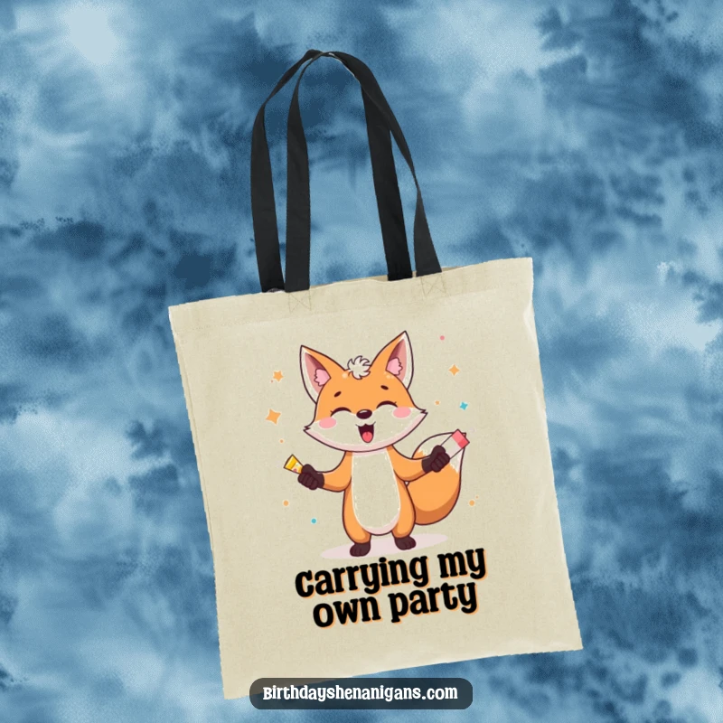 Funny tote bag depicting a cheerful fox character juggling several vibrant party poppers with a smile, ready for adventure.