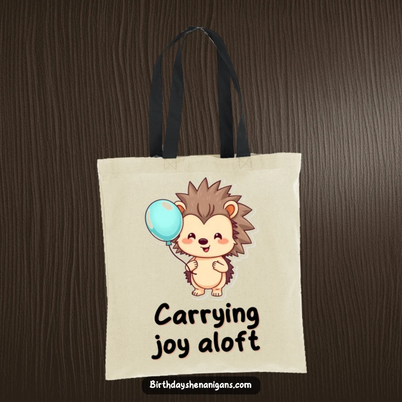 Funny hedgehog tote bag designed with a smiling character holding a colorful balloon, perfect for everyday use.
