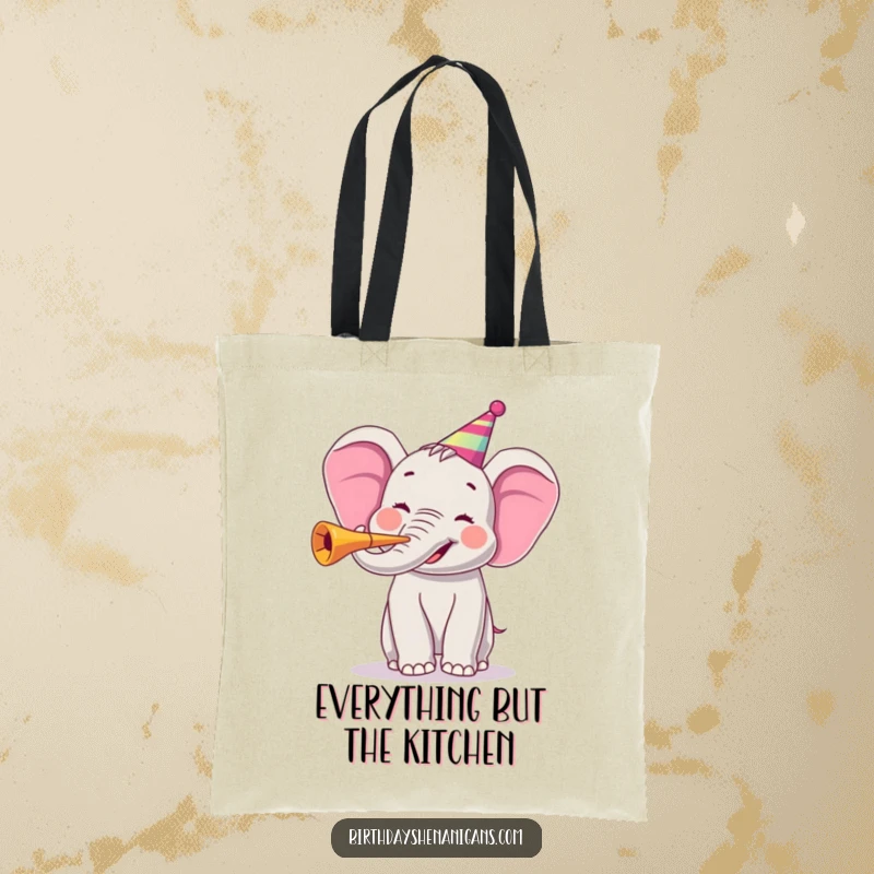 Funny tote bag illustrating a joyful elephant character blowing a party horn, ready to spread cheer and festivities.