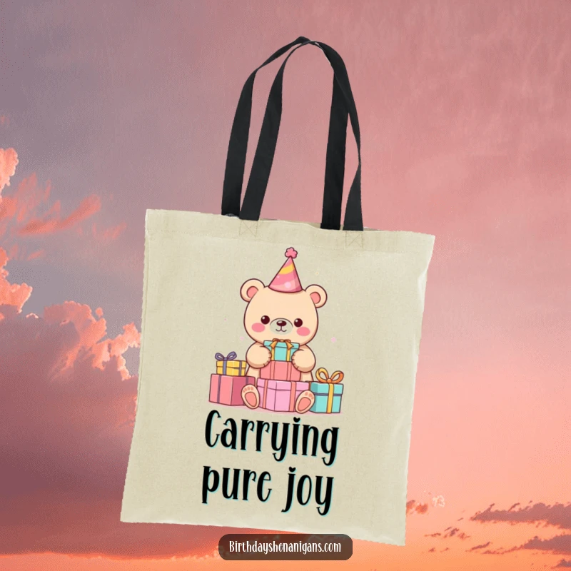 Funny kawaii bear with party hat stacking presents on a durable tote bag, showcasing a humorous and practical design.