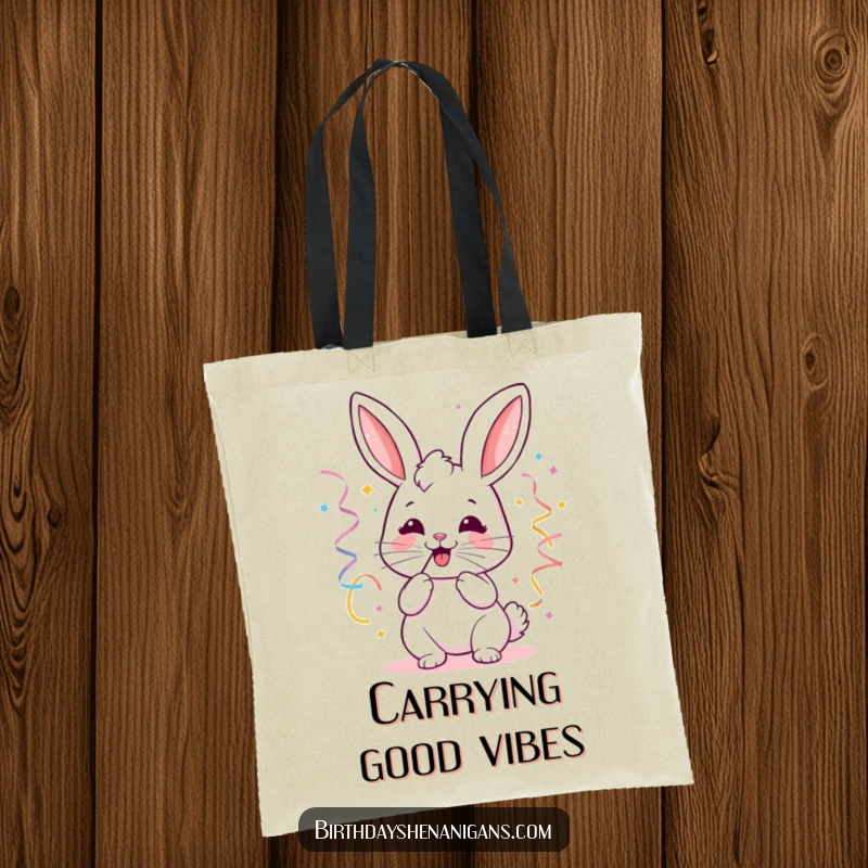 Funny kawaii bunny party tote bag with a joyful expression, blowing streamers, perfect for carrying celebration items.