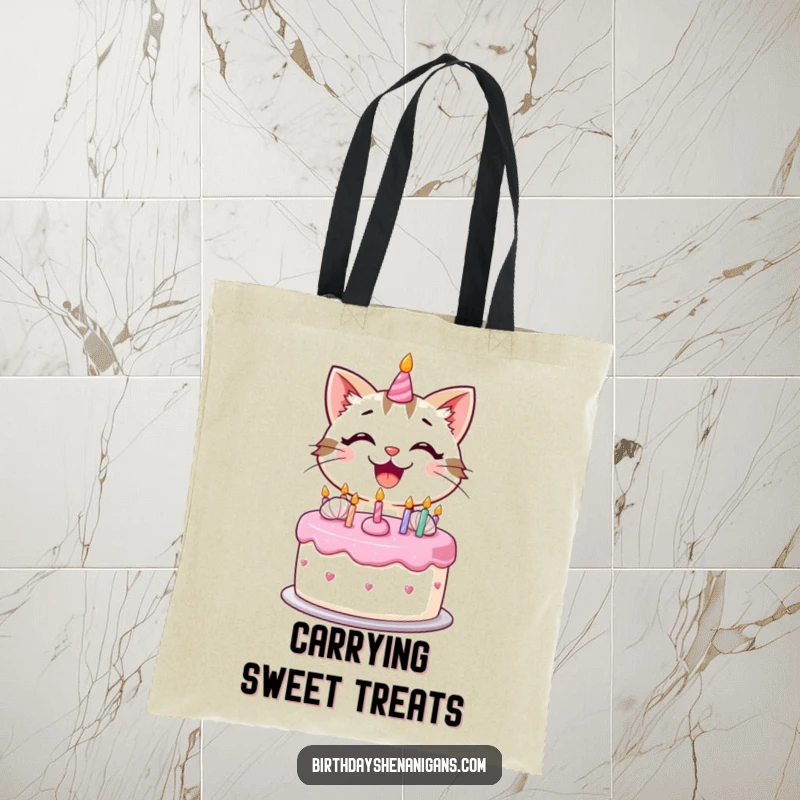 Funny kawaii cat with a big smile decorating a birthday cake with frosting on a durable tote bag.