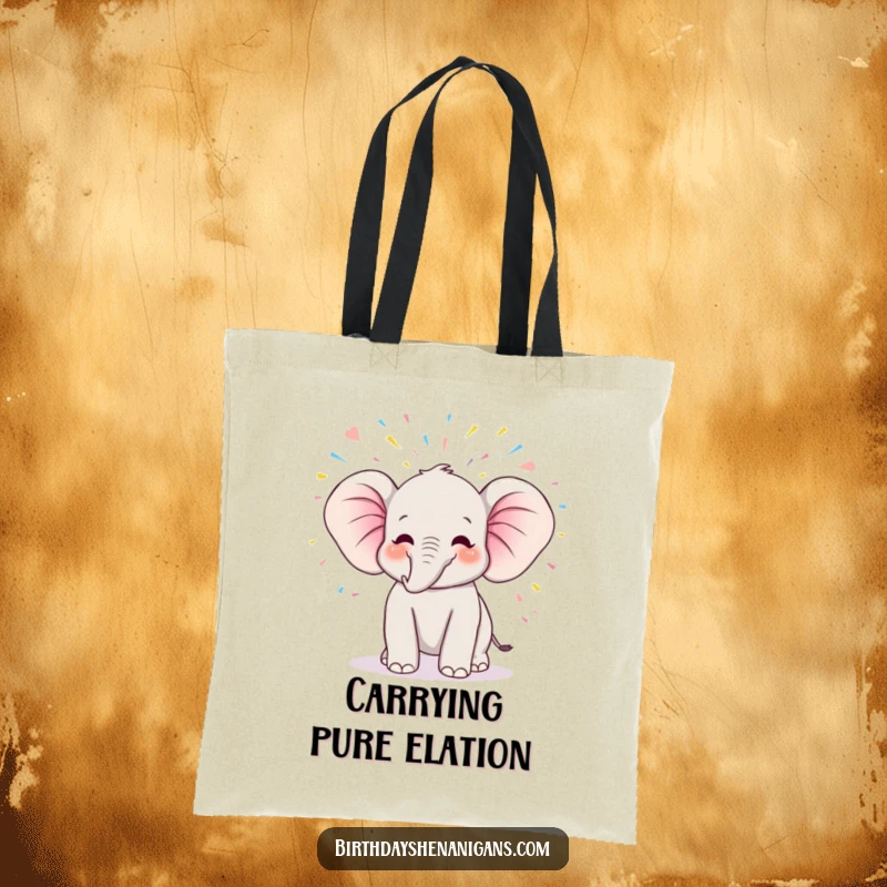 Funny kawaii elephant character trumpeting joyfully under a shower of streamers, printed on a durable tote bag.