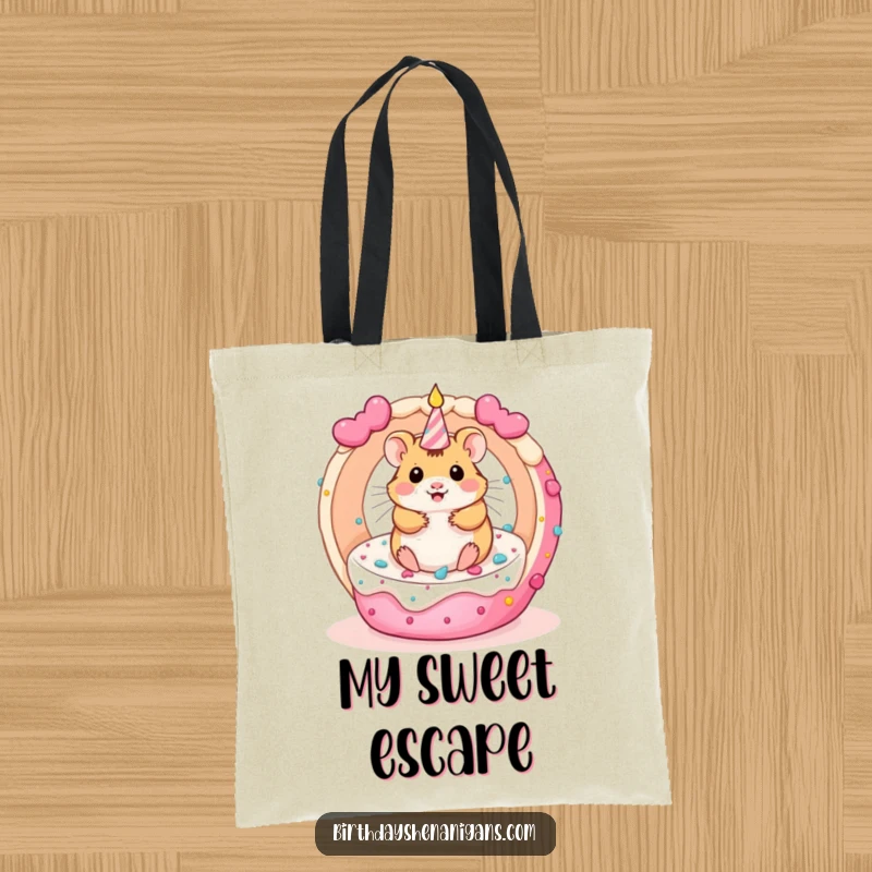 Funny kawaii hamster inside a rolling birthday cake, depicted on a practical and humorous tote bag.