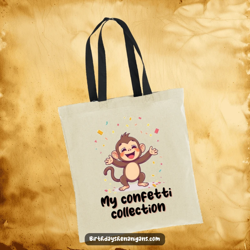 Funny tote bag with a kawaii monkey throwing confetti, perfect for carrying essentials with a dose of pure, unadulterated party spirit.