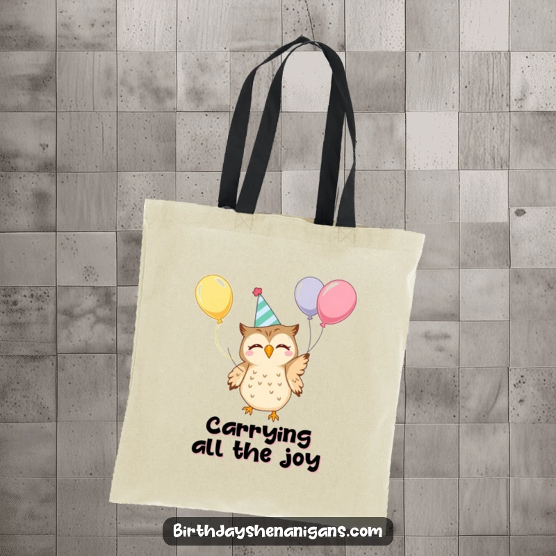 Funny Kawaii Owl Tote Bag: A whimsical owl wearing a party hat gleefully juggles balloons, perfect for carrying essentials with a smile.