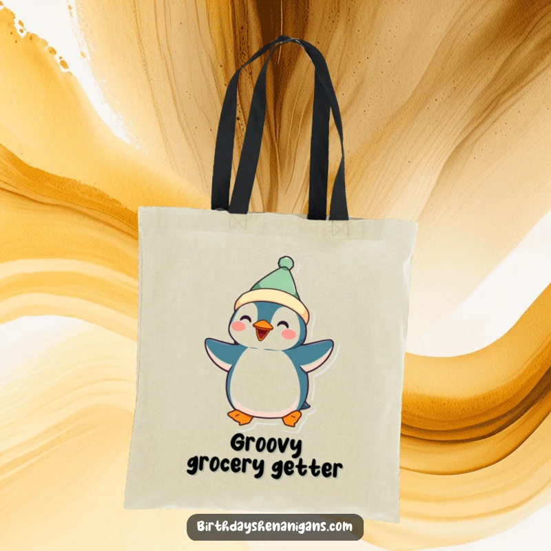 Funny Kawaii Penguin Tote Bag: A festive penguin performs a silly dance, making this funny tote a delightful accessory.