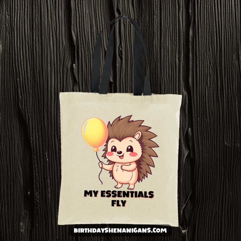 Funny tote bag featuring a smiling hedgehog character clutching a bright, festive balloon, a symbol of good times.