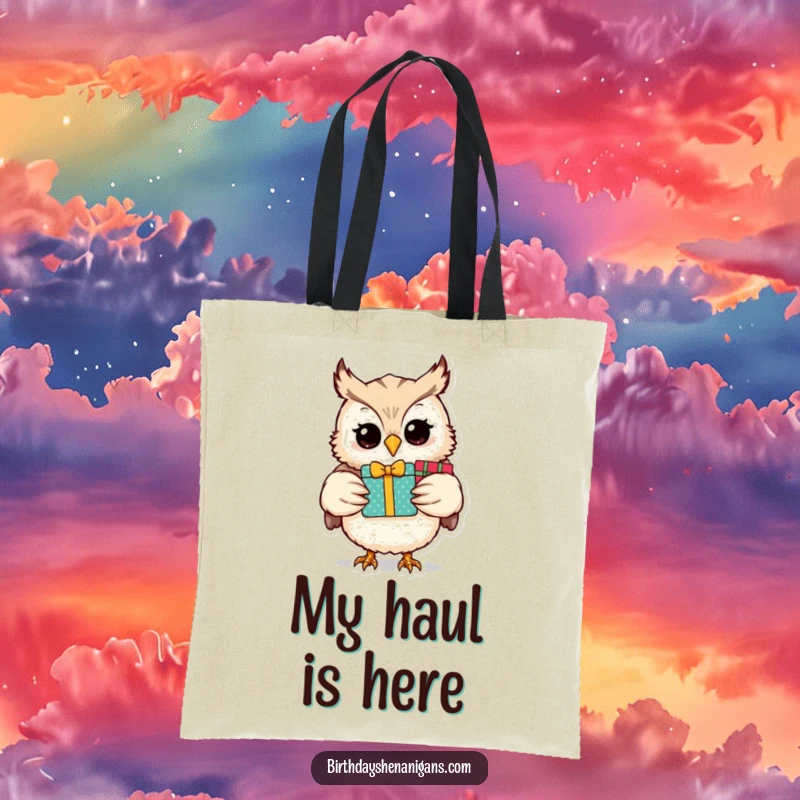 Funny owl character holding a stack of presents, designed on a tote bag perfect for carrying gifts or groceries.