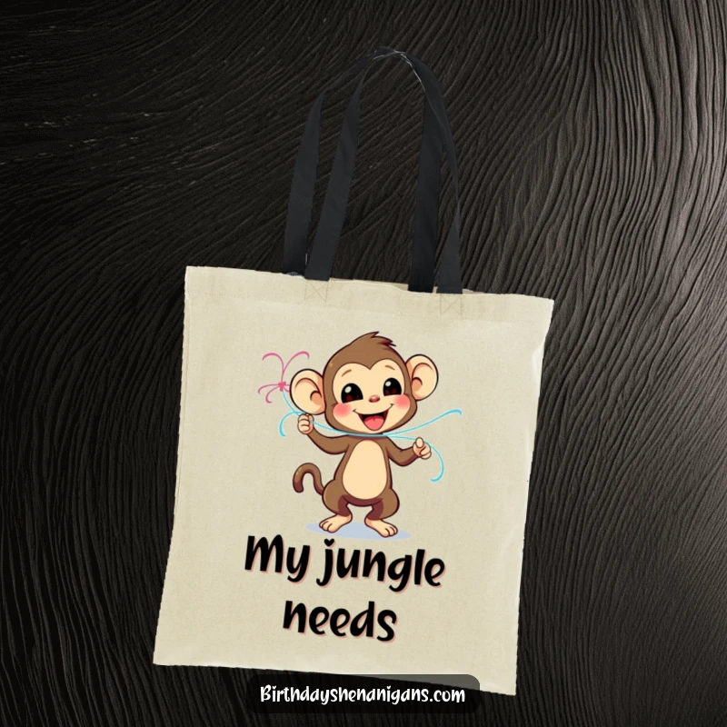 Funny tote bag showing a playful monkey character dancing with a streamer, perfect for carrying party supplies with flair.