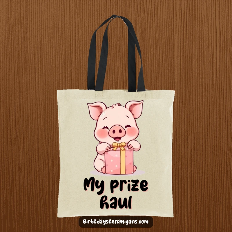 Funny Kawaii Pig Tote Bag: A rosy-cheeked pig excitedly unwraps a gift, making this funny tote a joy to carry.