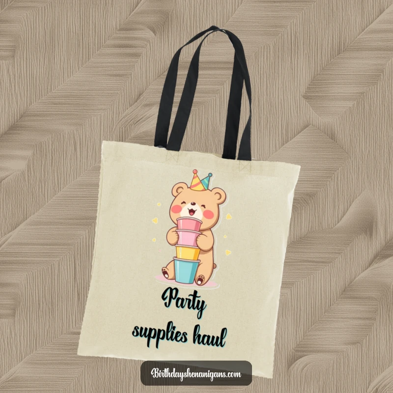 Funny Bear Tote Bag: A cute bear character gleefully stacking colorful party cups, ready for fun.