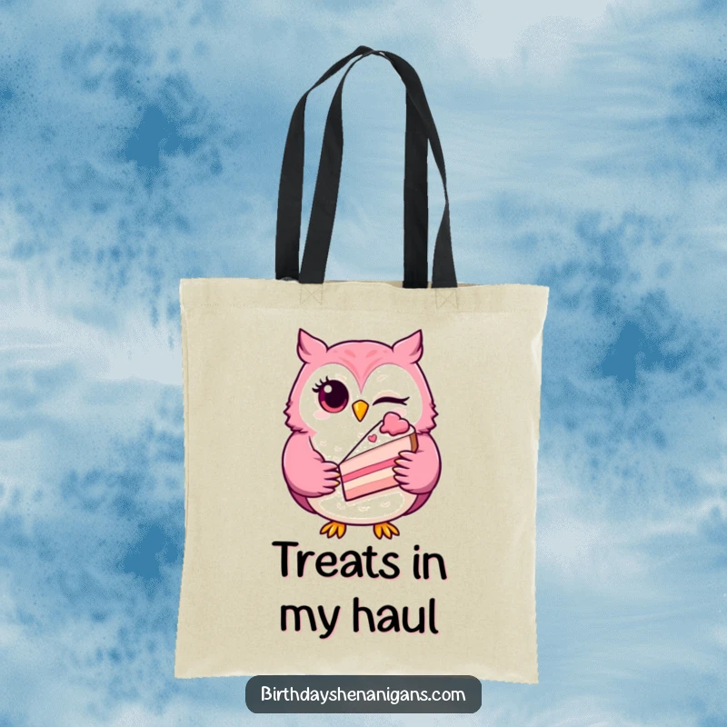 Funny winking owl tote bag, a playful character holding a slice of cake, functional and charming for daily use.